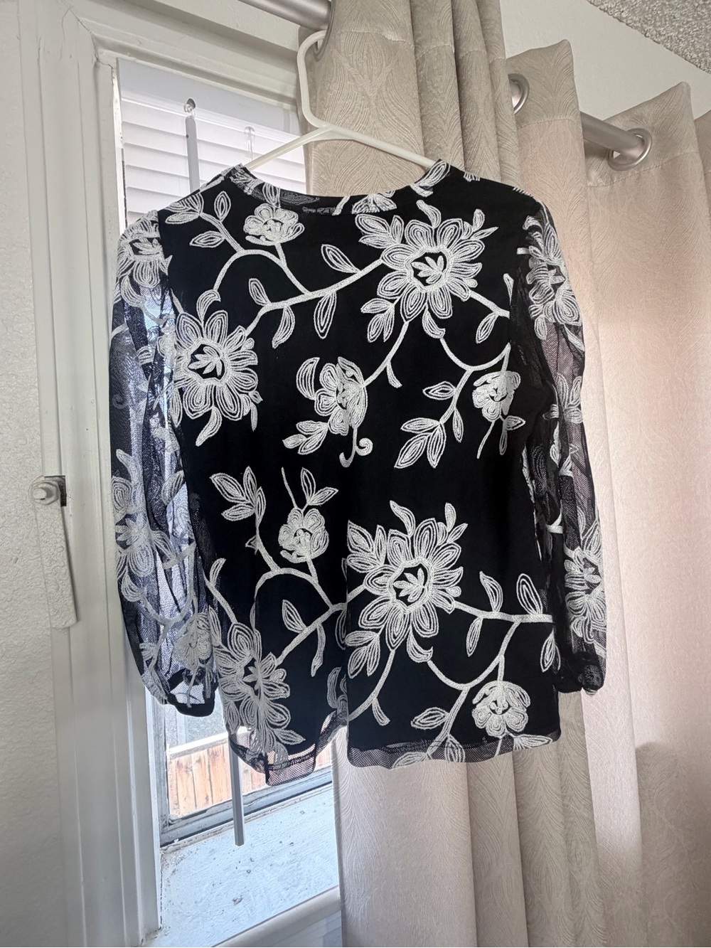 Kim & Cami Black Sheer Blouse with White Floral Embroidery